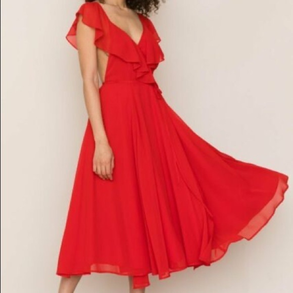 Anthropologie Yumi Kim Womens Red Wrap Midi Dress Ruffle Crepe Large - Picture 16 of 16